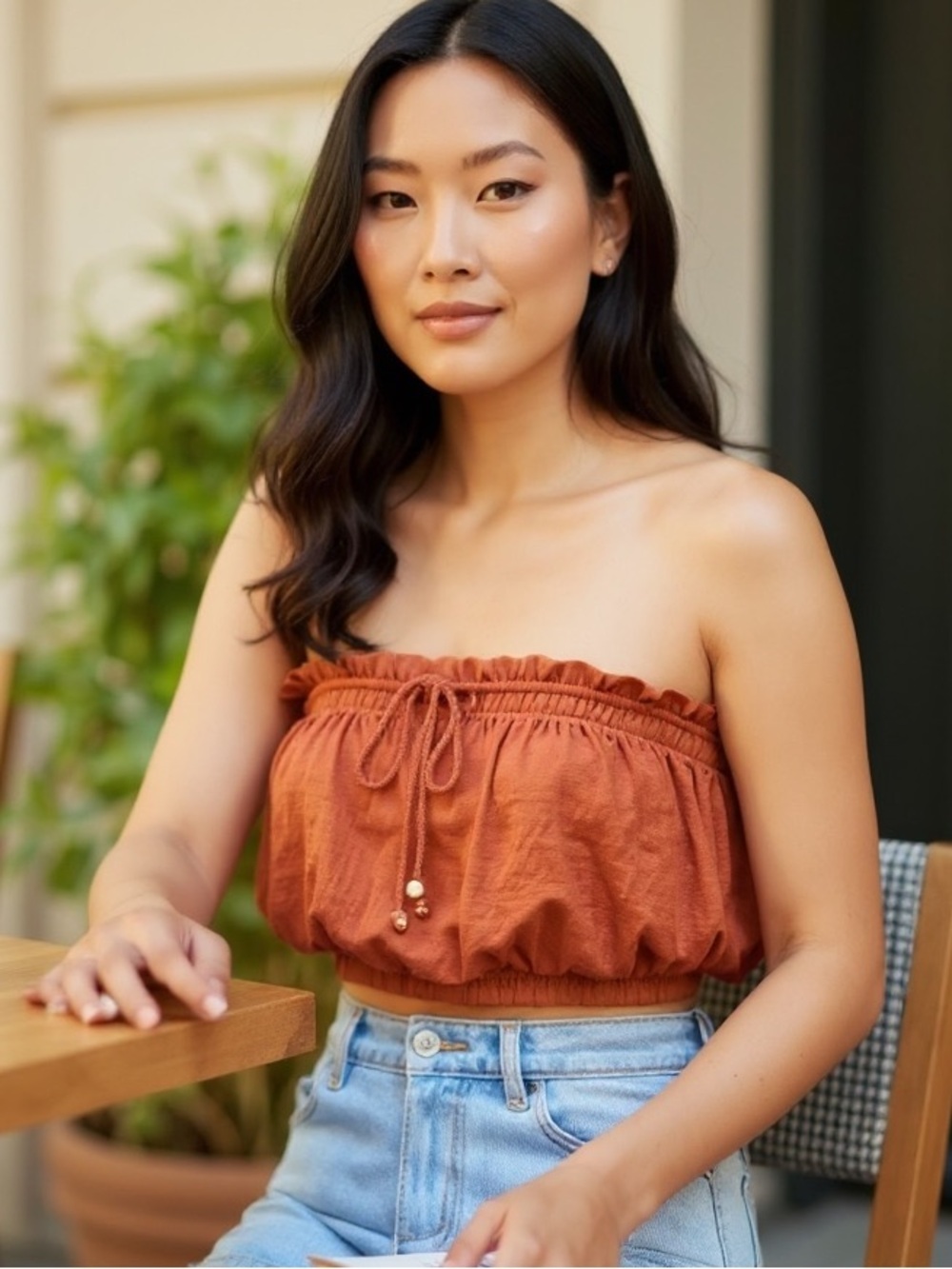 Free People Bubble Linen Crop Top in Terracotta